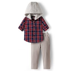 Babyhug Cotton Woven Full Sleeves Hooded Shirt and Trouser with Checks Print - Red & Grey