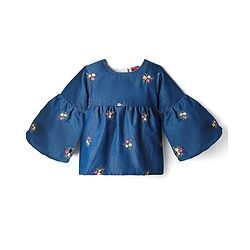 Babyhug Denim Woven Full Bell Sleeves Top with Floral Embroidery - Blue