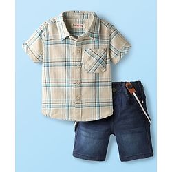Babyhug Cotton Woven Half Sleeves Checkered Shirt & Shorts Set with Suspender - Blue