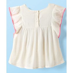 Babyhug Viscose Woven Frill Sleeves Floral Embroidered Top - White