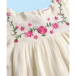 Babyhug Viscose Woven Frill Sleeves Floral Embroidered Top - White