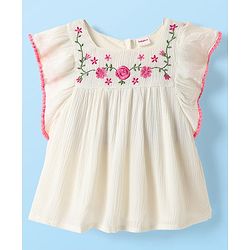 Babyhug Viscose Woven Frill Sleeves Floral Embroidered Top - White