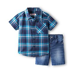 Babyhug Cotton Woven Half Sleeves Checks Shirt & Denim Shorts Set - Blue