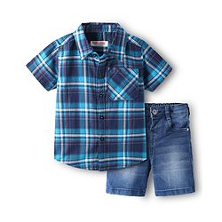 Babyhug Cotton Woven Half Sleeves Checks Shirt & Denim Shorts Set - Blue