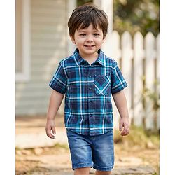 Babyhug Cotton Woven Half Sleeves Checks Shirt & Denim Shorts Set - Blue