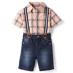Babyhug Cotton Woven Half Sleeves Checkered Shirt & Denim Shorts Set with Suspender - Blue