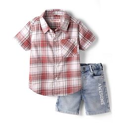 Babyhug Cotton Woven Half Sleeves Checks Shirt & Denim Shorts Set - Rust Orange & Blue