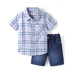 Babyhug Cotton Woven Half Sleeves Checks Shirt & Denim Shorts Set - Blue