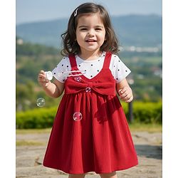 Babyhug Cotton Woven Frock & Half Sleeves Inner Tee With Polka Dot Print & Bow Applique - Red & White