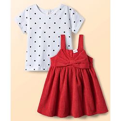 Babyhug Cotton Woven Frock & Half Sleeves Inner Tee With Polka Dot Print & Bow Applique - Red & White