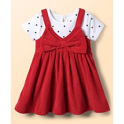 Babyhug Cotton Woven Frock & Half Sleeves Inner Tee With Polka Dot Print & Bow Applique - Red & White