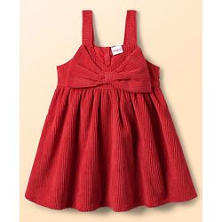Babyhug Cotton Woven Frock & Half Sleeves Inner Tee With Polka Dot Print & Bow Applique - Red & White