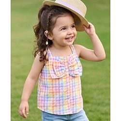 Babyhug Cotton Woven Sleeveless Front Open Checks Top With Bow Applique - Multicolor