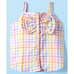 Babyhug Cotton Woven Sleeveless Front Open Checks Top With Bow Applique - Multicolor
