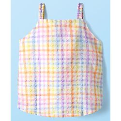 Babyhug Cotton Woven Sleeveless Front Open Checks Top With Bow Applique - Multicolor