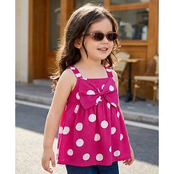 Babyhug Woven Sleeveless Top with Bow & Polka Dots - Pink
