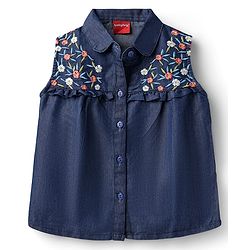 Babyhug Woven Sleeveless Floral Embroidered Denim Top - Navy Blue