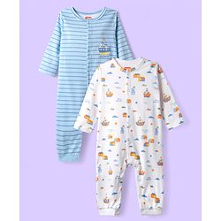 Babyhug 100% Cotton Knit Full Sleeves Rompers With Stripes &  Nautical Print Pack of 2 - White & Light Blue