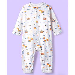 Babyhug 100% Cotton Knit Full Sleeves Rompers With Stripes &  Nautical Print Pack of 2 - White & Light Blue
