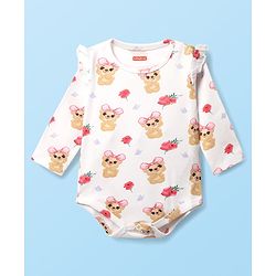 Babyhug 100% Cotton Interlock Knit Full Sleeves Onesie with Teddy & Floral Print - White