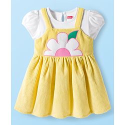 Babyhug Cotton Woven Cap Sleeves Floral Embroidered Frock With Inner Tee - White & Yellow