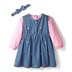 Babyhug Cotton Woven Full Sleeves Floral Embroidered Frock With Tee & Headband - Blue