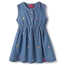 Babyhug Cotton Woven Full Sleeves Floral Embroidered Frock With Tee & Headband - Blue