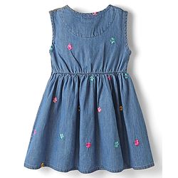 Babyhug Cotton Woven Full Sleeves Floral Embroidered Frock With Tee & Headband - Blue