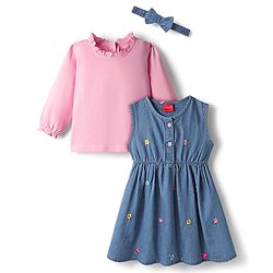 Babyhug Cotton Woven Full Sleeves Floral Embroidered Frock With Tee & Headband - Blue