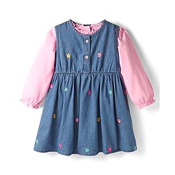 Babyhug Cotton Woven Full Sleeves Floral Embroidered Frock With Tee & Headband - Blue