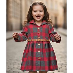 Babyhug Cotton Woven Full Sleeves Hooded Checks Front Open Frock With Belt - Maroon