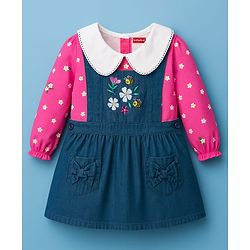 Babyhug Cotton Woven Frock With Full Sleeves Inner Tee & Floral Print - Blue