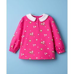 Babyhug Cotton Woven Frock With Full Sleeves Inner Tee & Floral Print - Blue