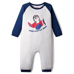 Babyhug 100% Cotton Raglan Full Sleeves Penguin & Aeroplane Printed Romper - Light Grey & Blue
