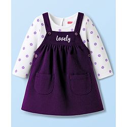 Babyhug Cotton Woven Frock With Full Sleeves Inner Tee & Floral Print - Purple