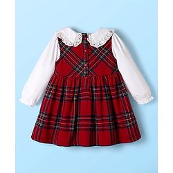 Babyhug Cotton  Knit Full Sleeves Peter Pan Collar Frock with Checks Print - Red & White