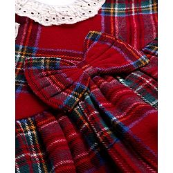 Babyhug Cotton  Knit Full Sleeves Peter Pan Collar Frock with Checks Print - Red & White