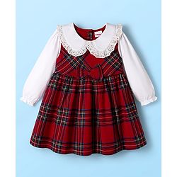 Babyhug Cotton  Knit Full Sleeves Peter Pan Collar Frock with Checks Print - Red & White
