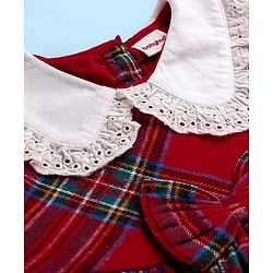 Babyhug Cotton  Knit Full Sleeves Peter Pan Collar Frock with Checks Print - Red & White