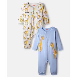 Babyhug 100% Cotton Knit Full Sleeves Rompers with Giraffe Print Pack of 2 - Light Blue & Grey
