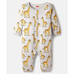 Babyhug 100% Cotton Knit Full Sleeves Rompers with Giraffe Print Pack of 2 - Light Blue & Grey