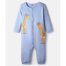 Babyhug 100% Cotton Knit Full Sleeves Rompers with Giraffe Print Pack of 2 - Light Blue & Grey