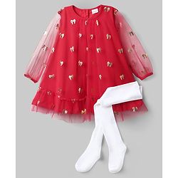 Babyhug Cotton Woven Full Sleeves Foil Printed Frock With Leggings - Red