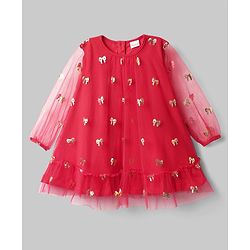 Babyhug Cotton Woven Full Sleeves Foil Printed Frock With Leggings - Red