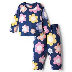 Babyhug 100% Cotton Knit Full Sleeves Co-ord Floral Printed Night Suit - Navy Blue