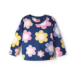 Babyhug 100% Cotton Knit Full Sleeves Co-ord Floral Printed Night Suit - Navy Blue