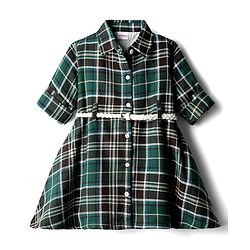 Babyhug Cotton Woven Full Sleeves Shirt Dress With Checks & Belt - Teal Blue