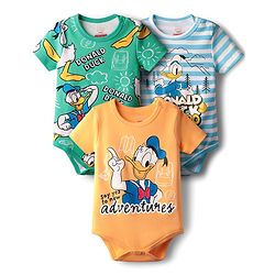 Babyhug Disney Interlock Knit Half Sleeves Onesies With Donald Duck Graphics Pack of 3 - Green Peach & Light Blue