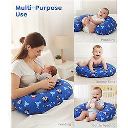 Babyhug Disney Premium 100% Cotton C Shape Cotton Feeding Pillow Mickey Hot Air Balloon Print - Blue | Fits upto waist size 36 inches