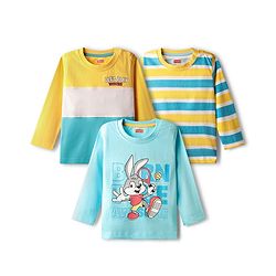 Babyhug 100% Cotton Knit Full Sleeves T-Shirts with Stripes & Animal Print Pack of 3 - Light Blue & Yellow